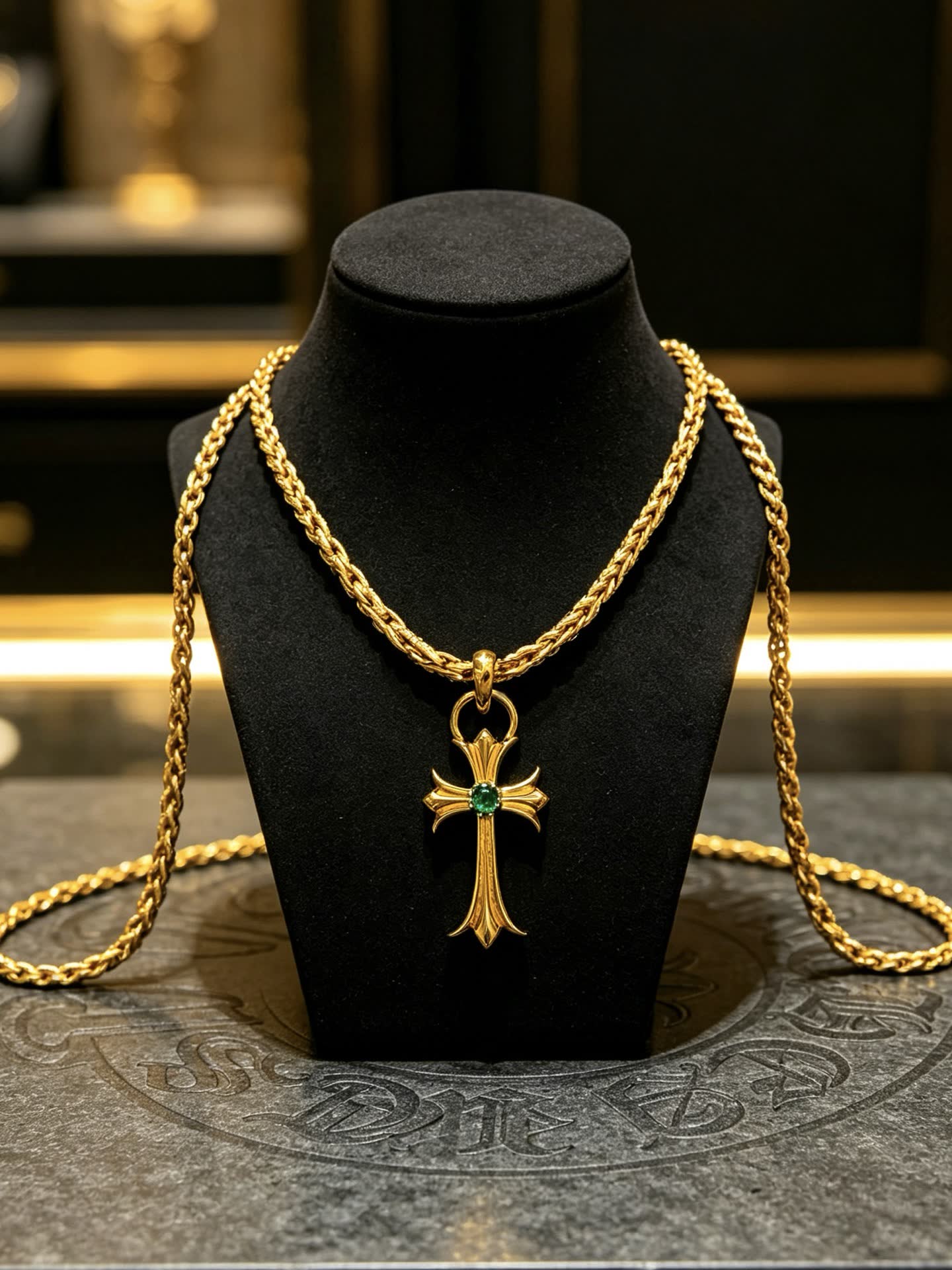 Chrome Hearts Gold Cross Pendant Necklace with Emerald